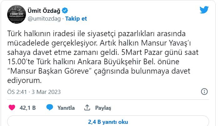 Ümit Özdağ’dan “Mansur Yavaş” Çağrısı